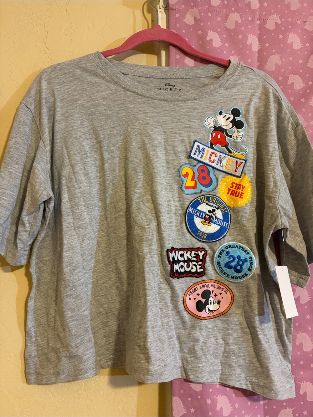 Disney Grey Mickey Patch Graphic Tee with Multicolor Accents